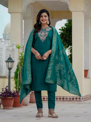 Premium Roman Silk Embroidered Straight Kurti Set – Rama Green