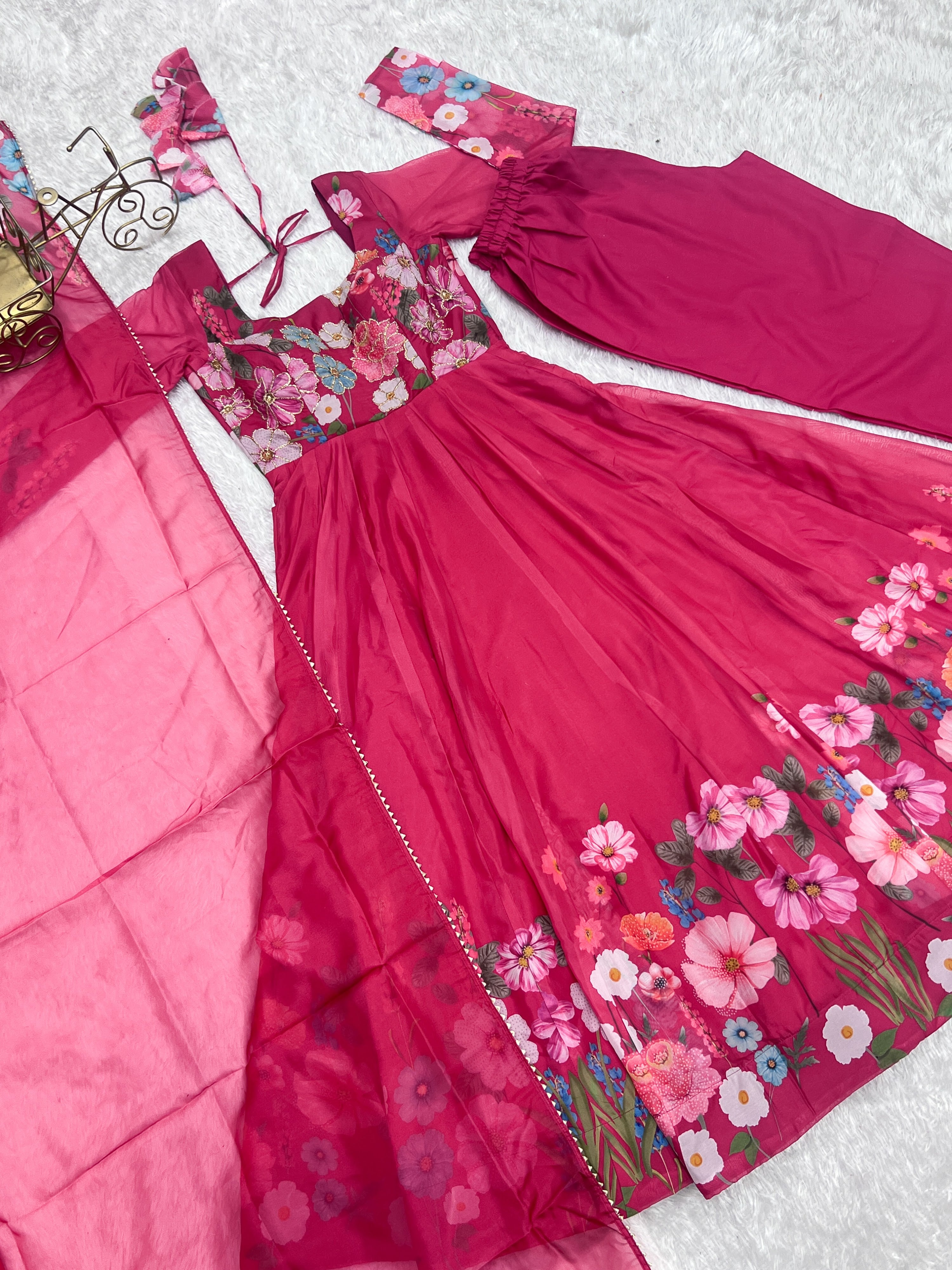 Organza Silk Printed Anarkali Set – Pink