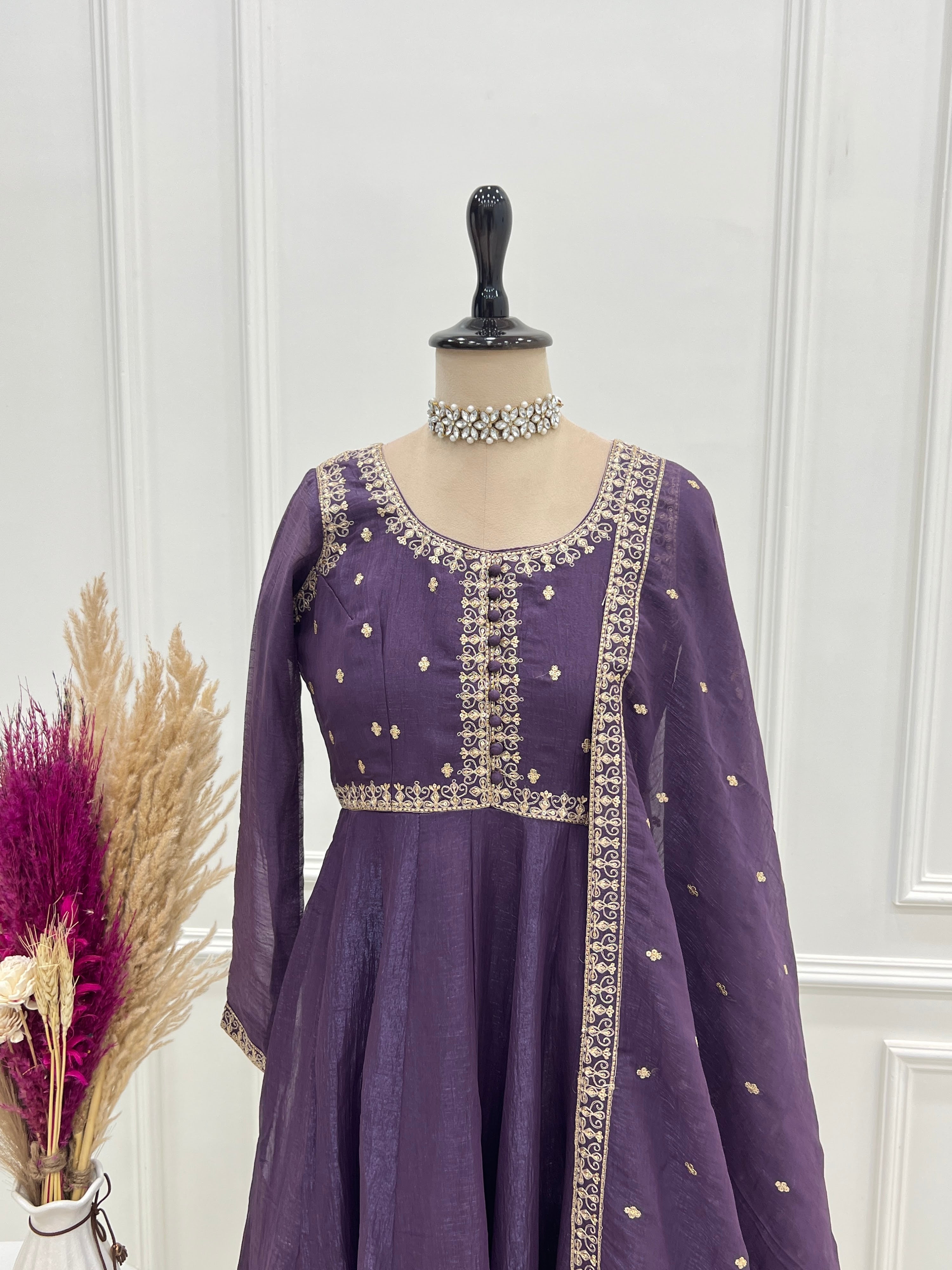 Crunchy Silk Embroidered Gown Set – Purple