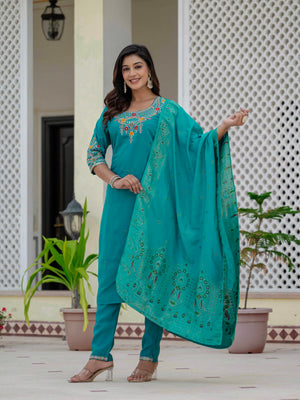Premium Roman Silk Embroidered Straight Kurti Set – Firozi