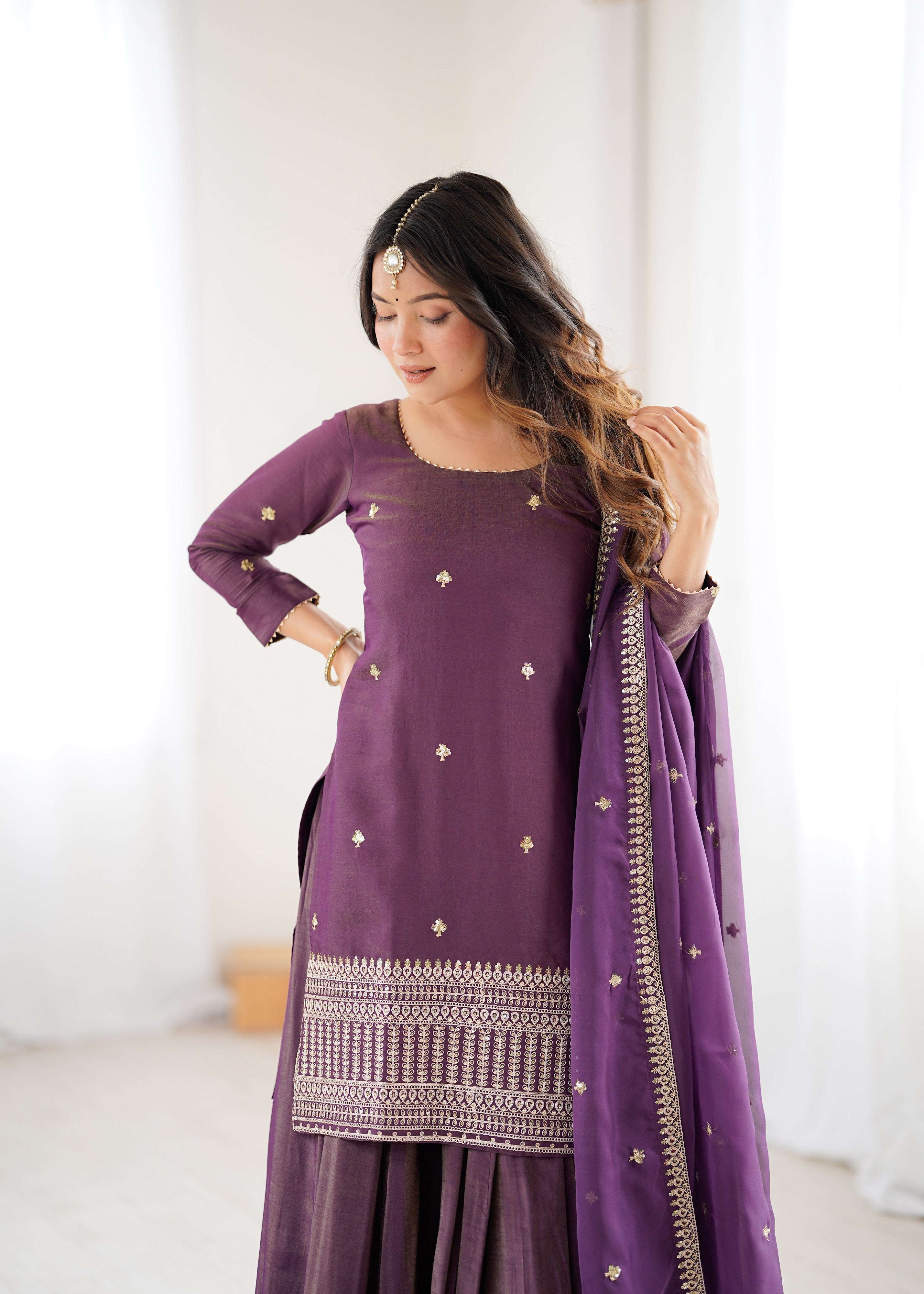 Roman Shimmer Silk Embroidered Top Set – Purple