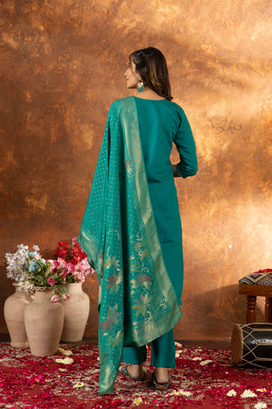 Marina Silk Embroidered Straight Kurti Set – Rama Green