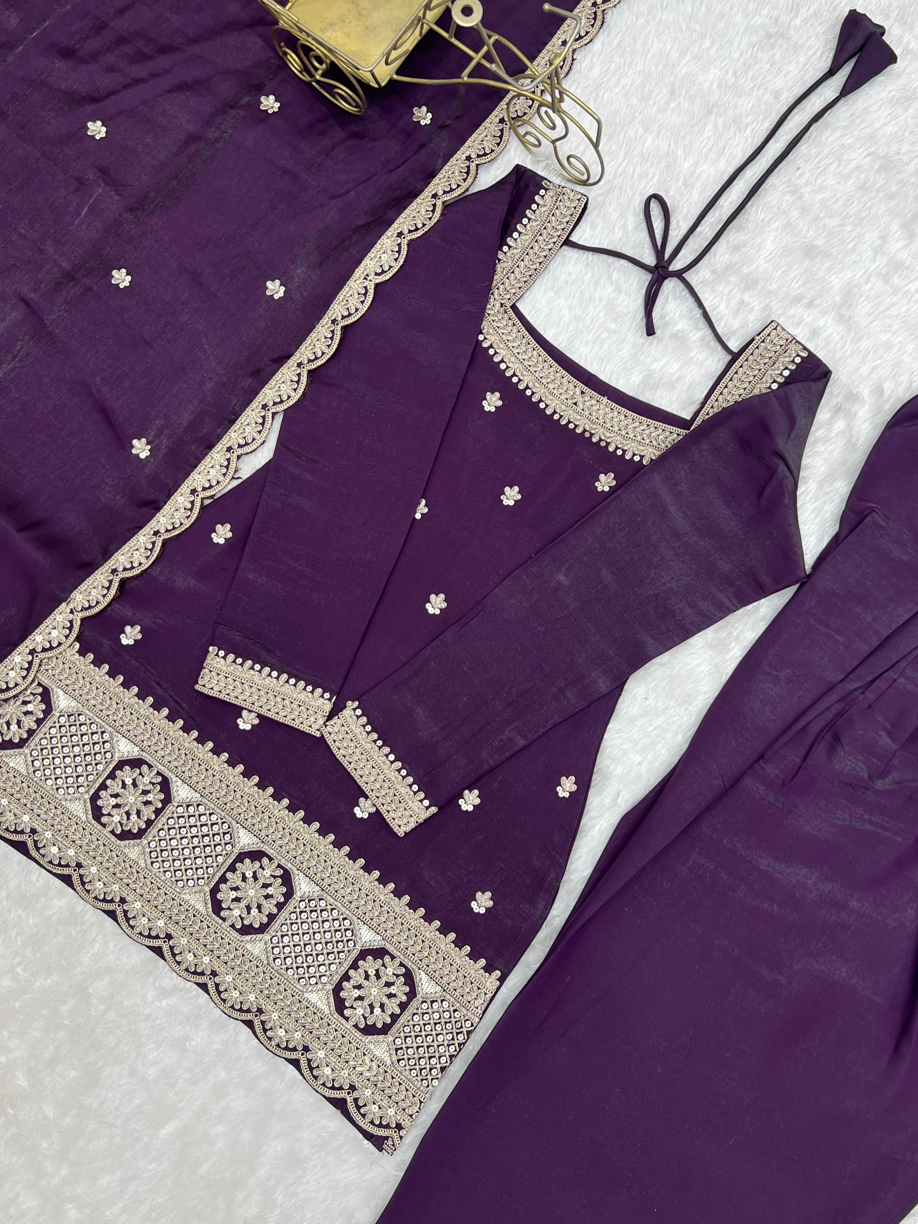 Glass Roman Silk Embroidered Kurta-Farshi Set – Purple