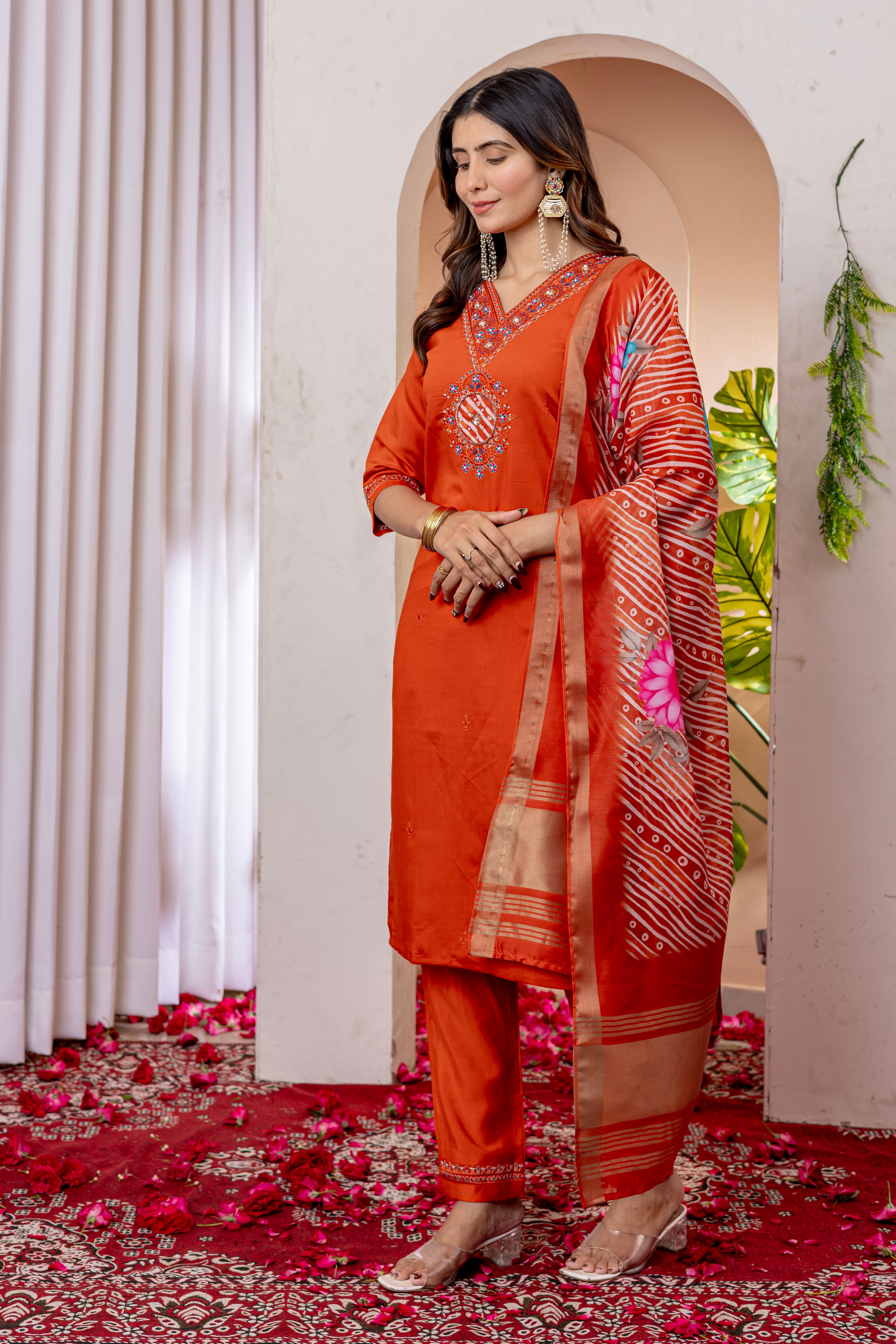 Marina Viscose Silk Embroidered Straight Kurti Set – Orange