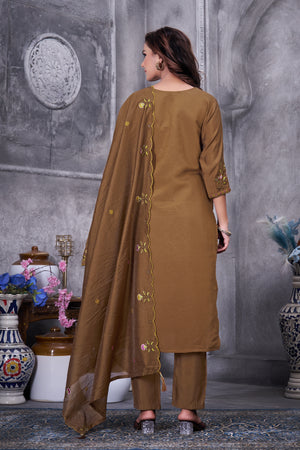 Roman Silk Embroidered Straight Kurti Set – Brown