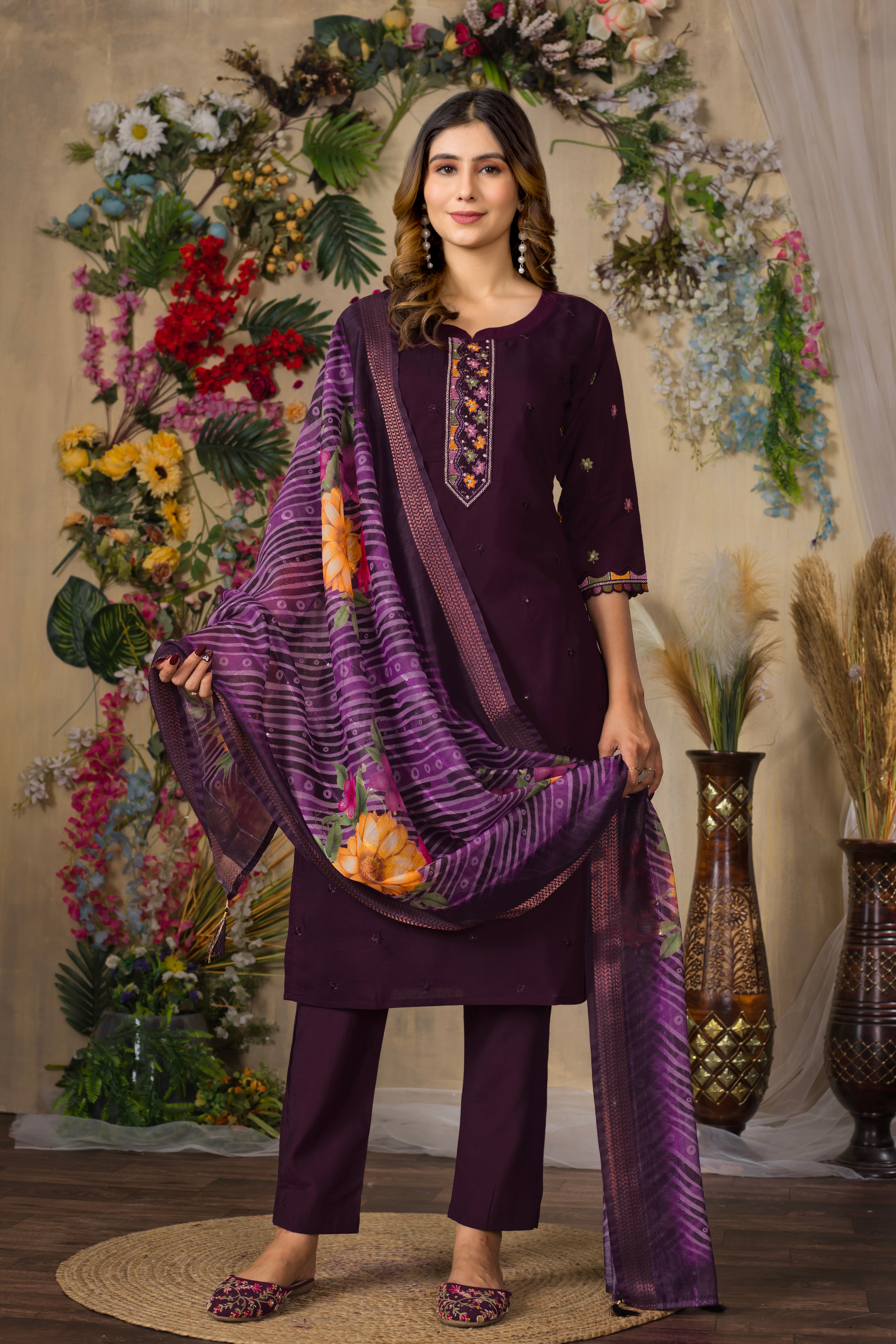 Roman Silk Embroidered Straight Kurti Set – Wine