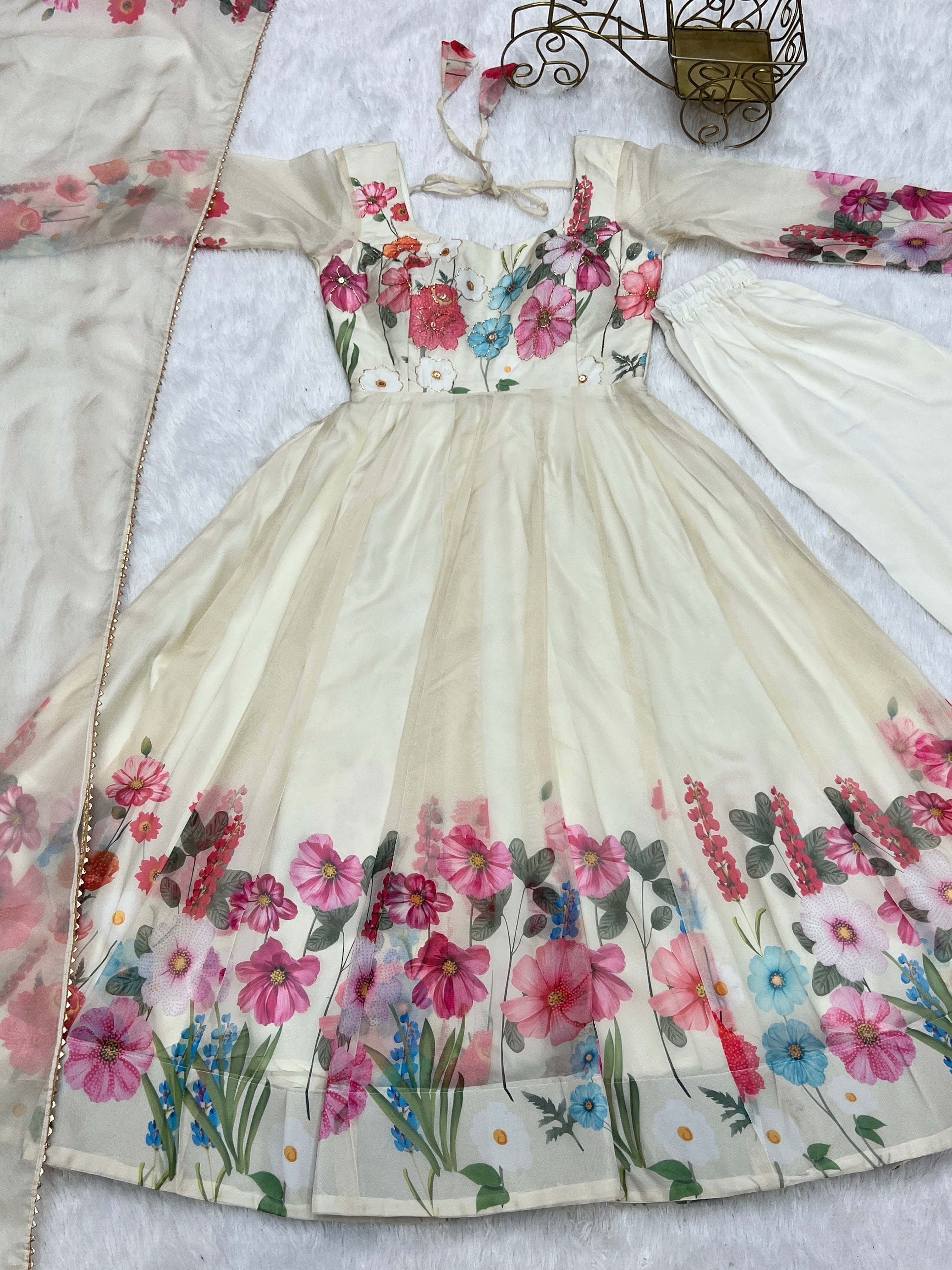 Organza Silk Printed Anarkali Set – Cream