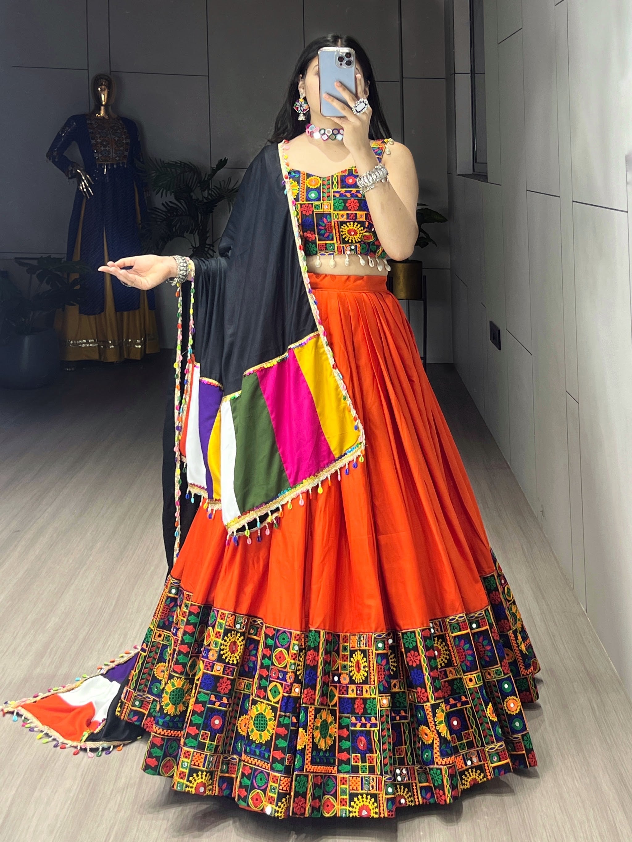 Navratri Orange Gamthi Mirror Work Lehenga Set