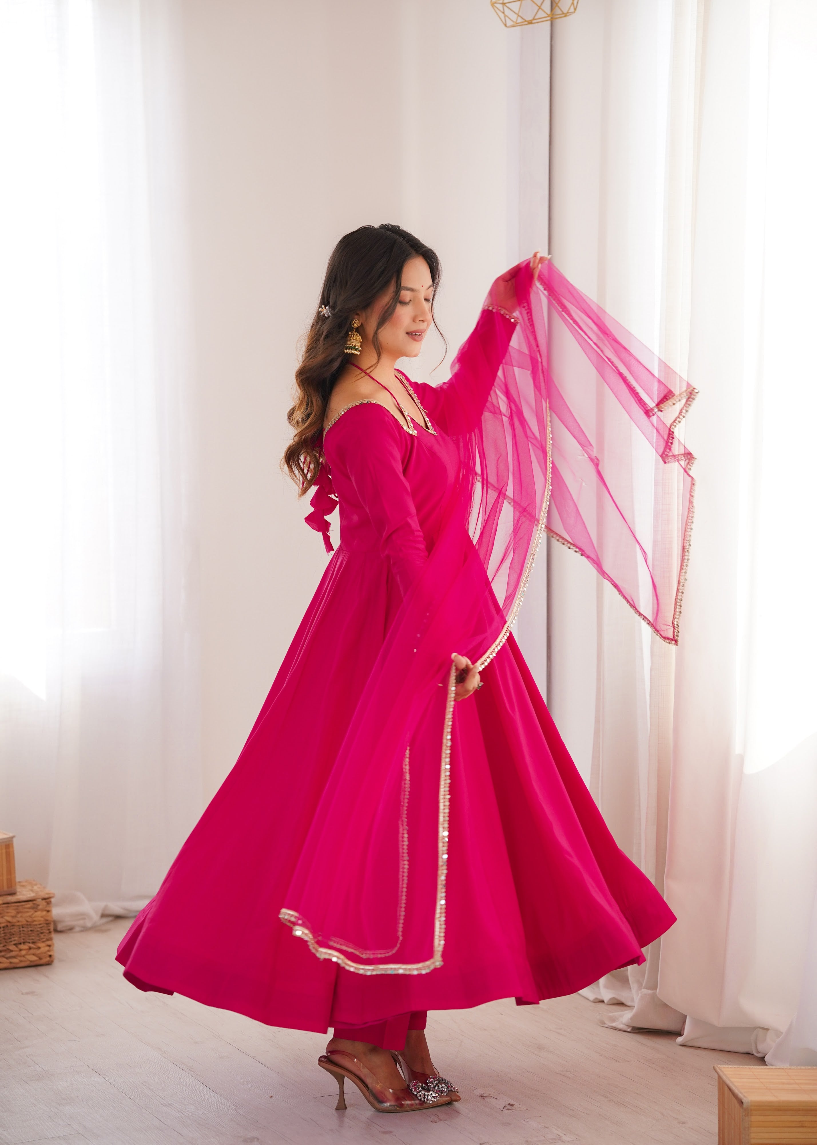 Roman Chanderi Silk Embroidered Anarkali Set – Dark Pink