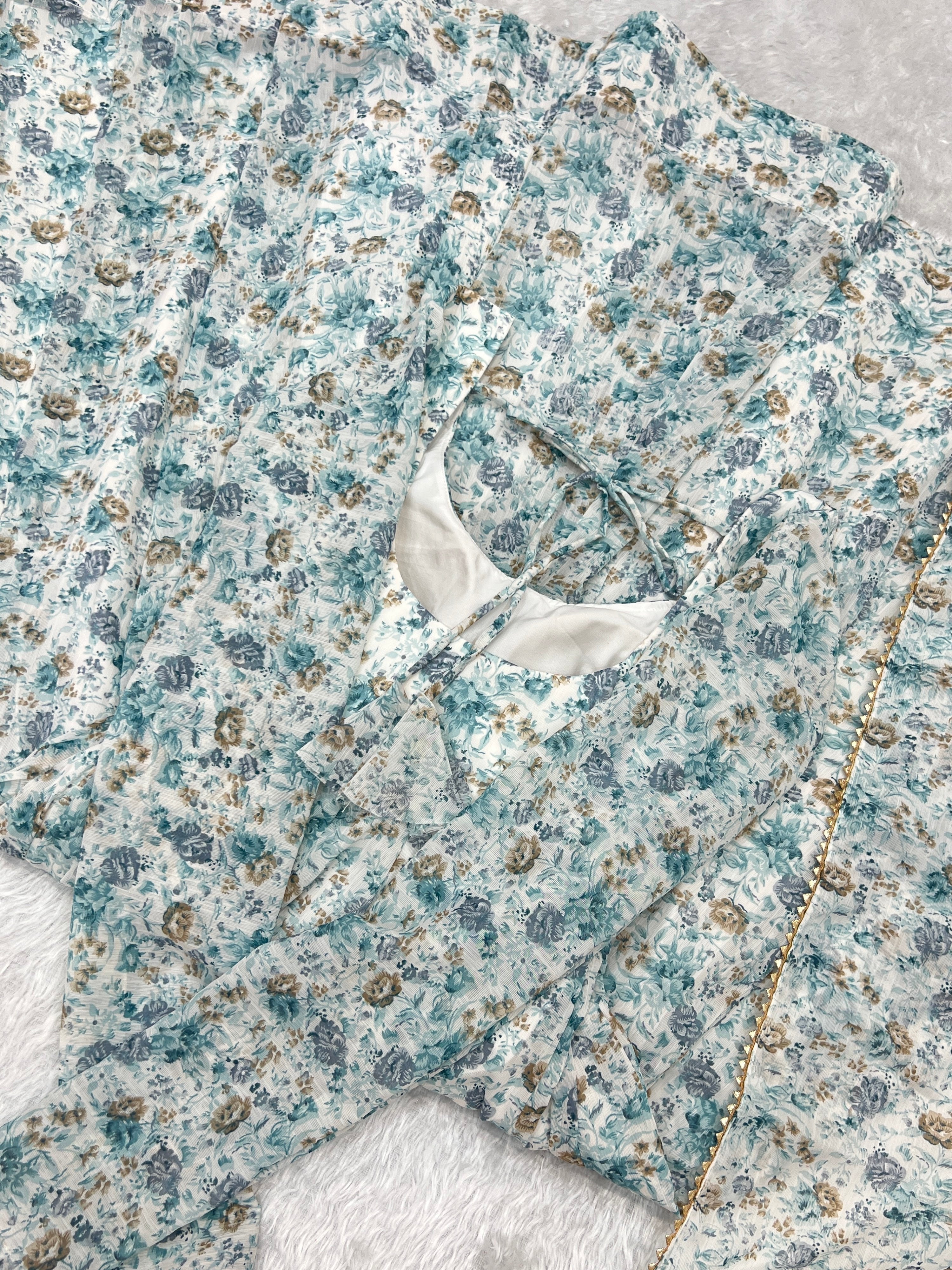 Heavy Orange Chiffon Floral Print Printed Anarkali Set – White Blue