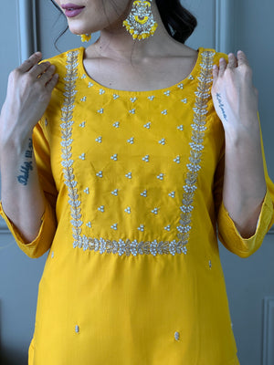 Rayon Slub Embroidered Kurta Pant Dupatta Set – Yellow
