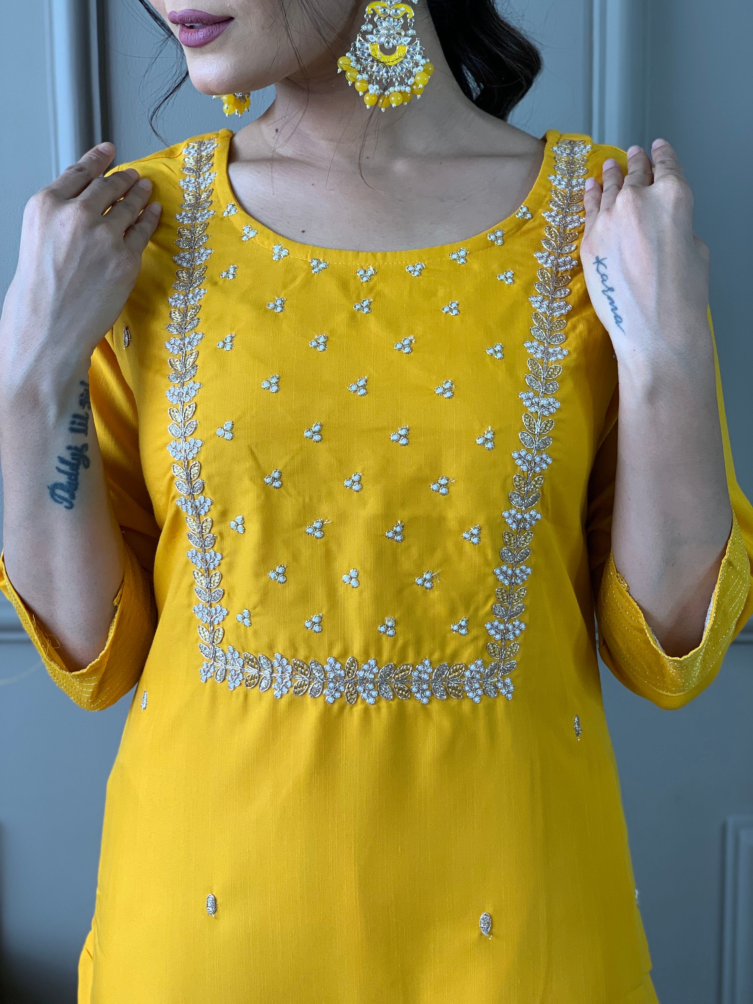 Rayon Slub Embroidered Kurta Pant Dupatta Set – Yellow