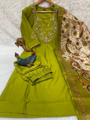 Premium Marina Silk Embroidered Straight Kurti Set – Parrot Green