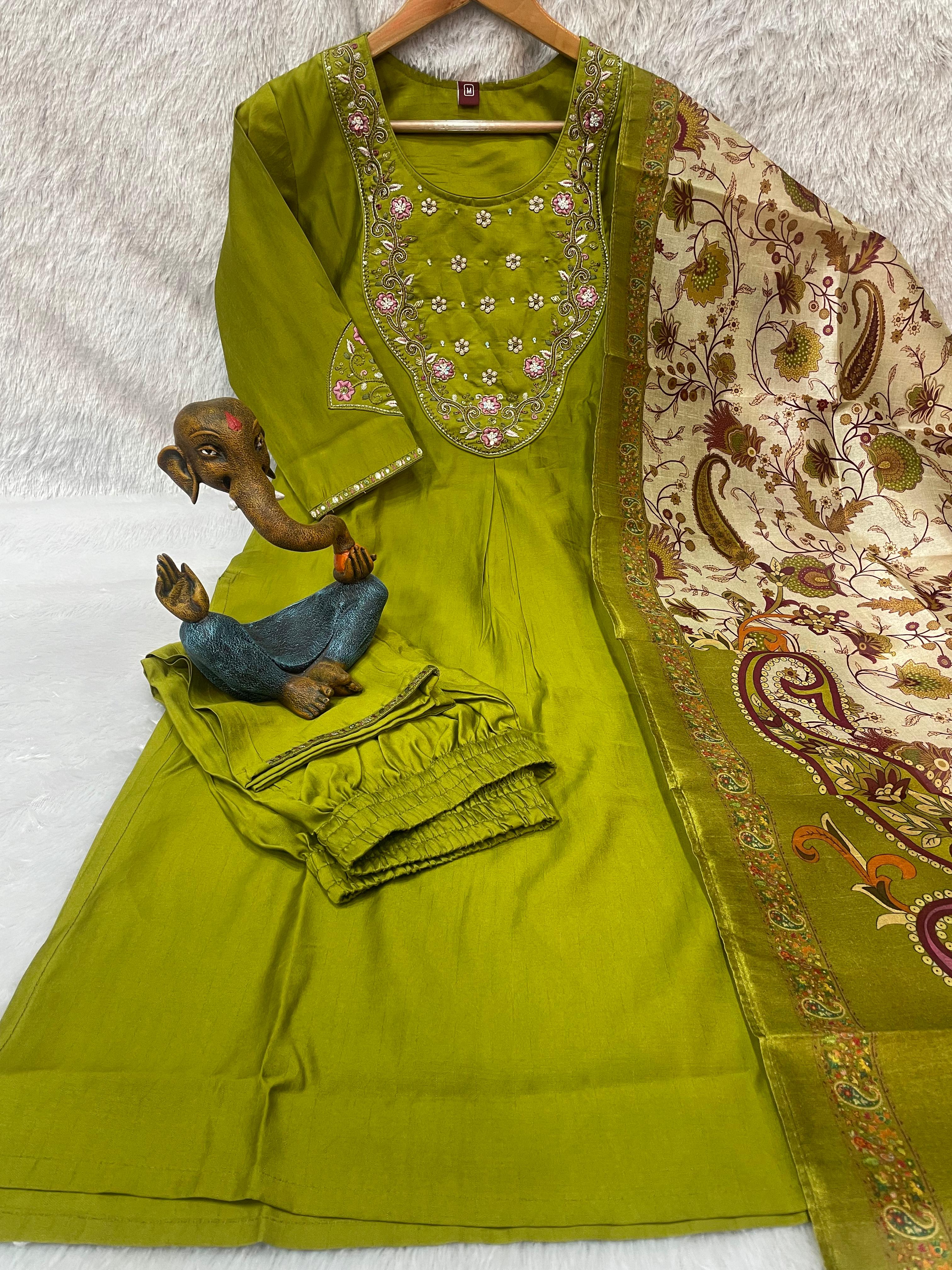 Premium Marina Silk Embroidered Straight Kurti Set – Parrot Green