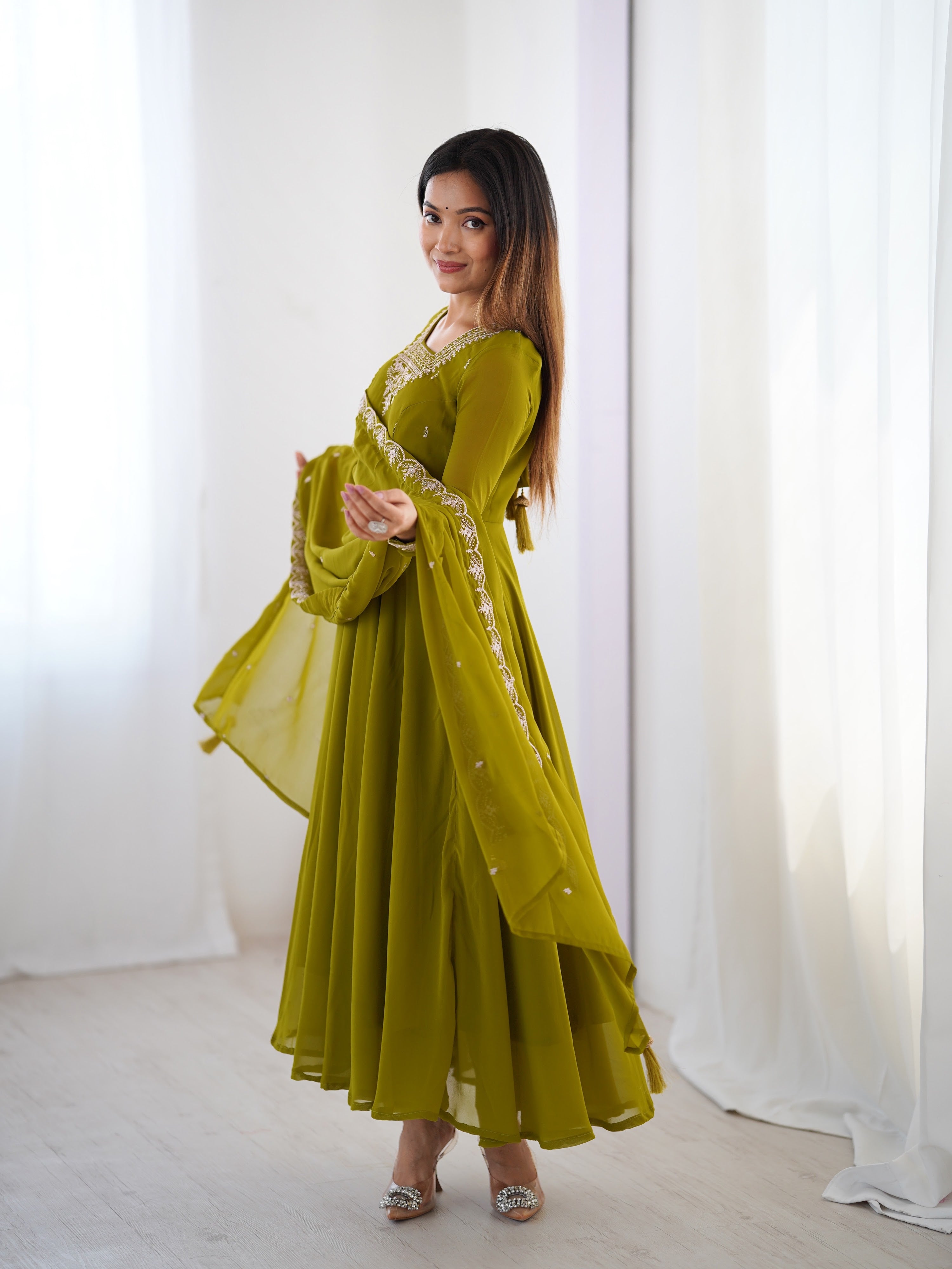 Georgette Embroidered Anarkali Set – Mehndi Green