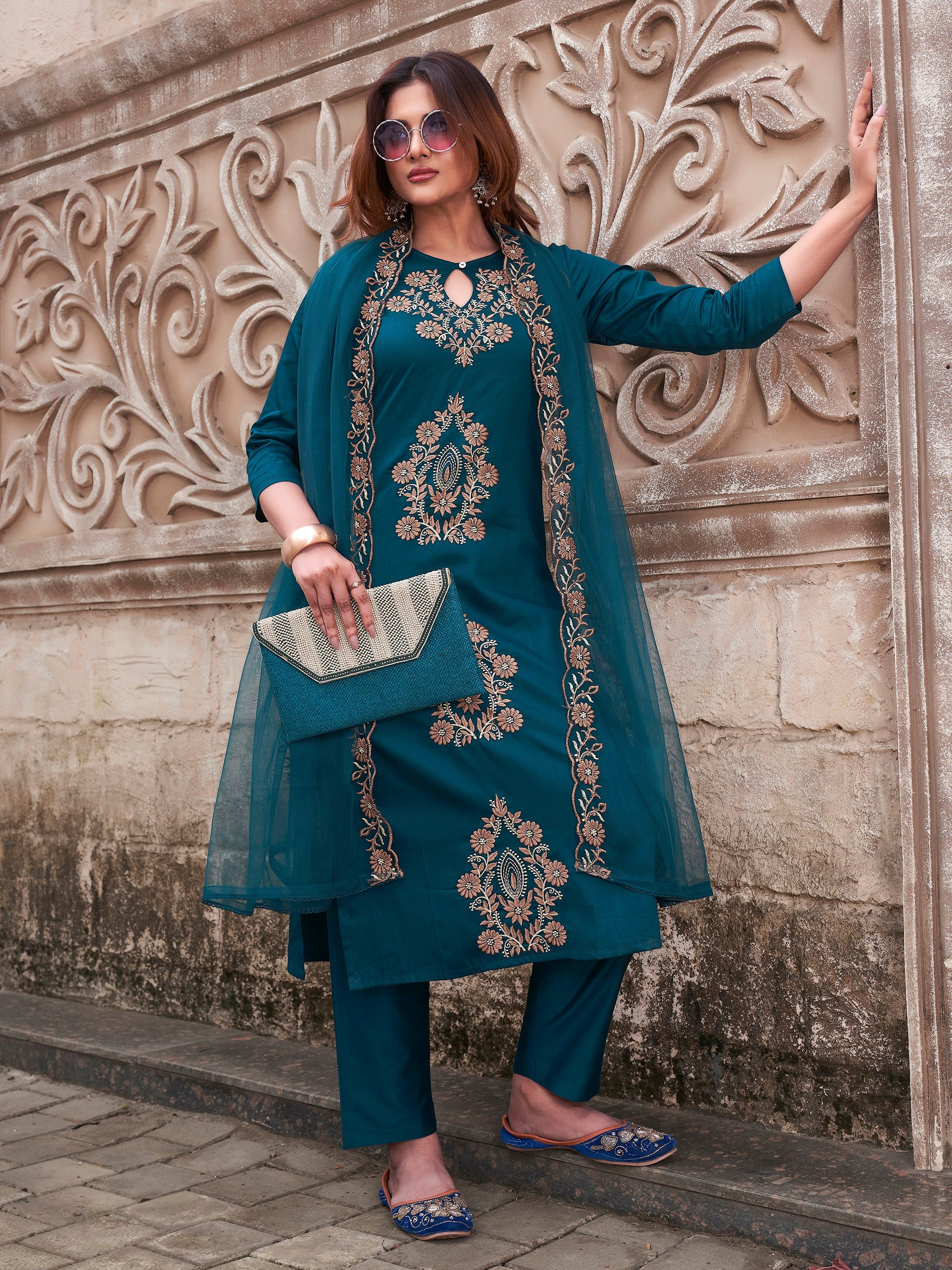 Rayon Slub Embroidered Kurta Pant Dupatta Set – Rama Green