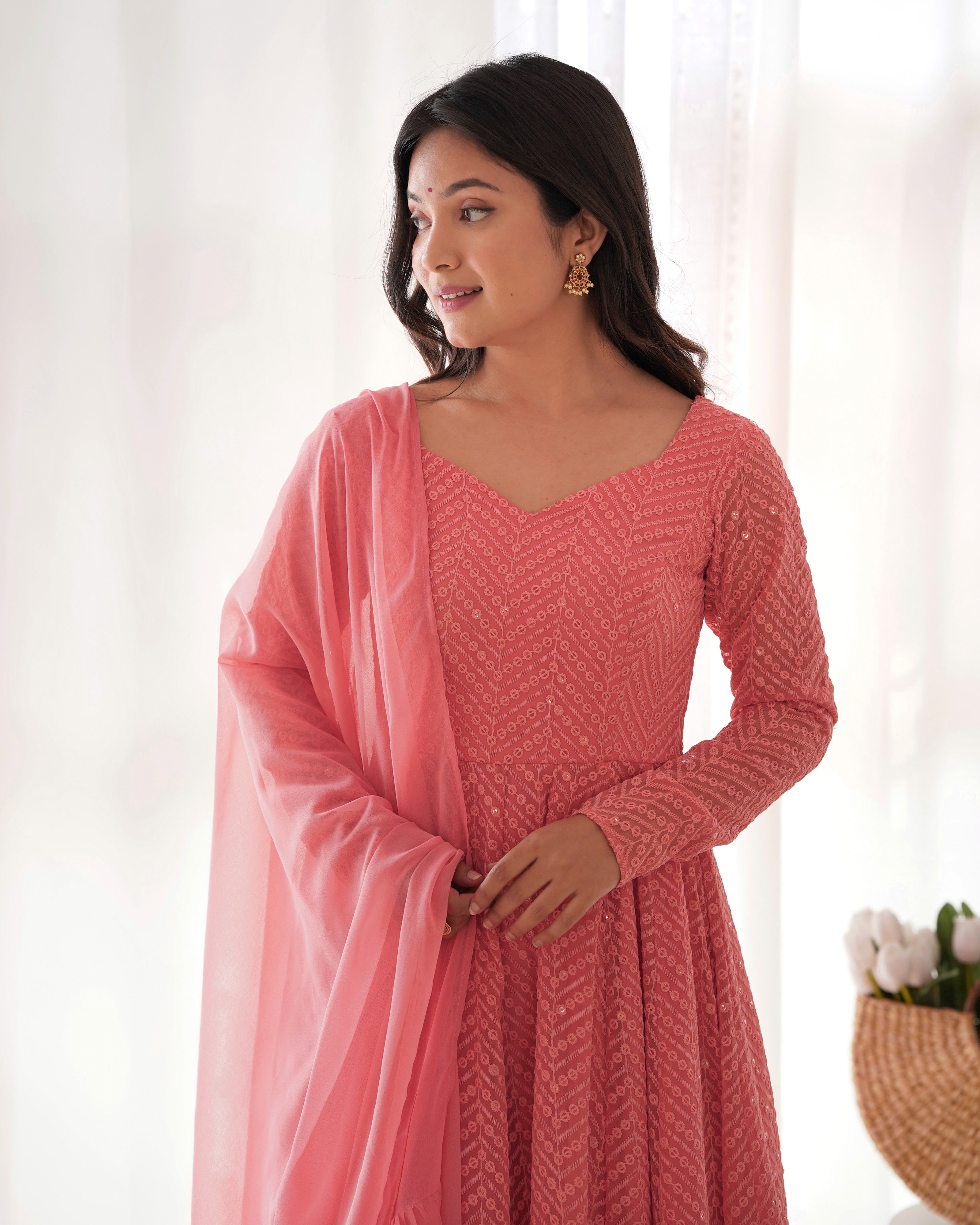 Georgette Embroidered Anarkali Set – Peach
