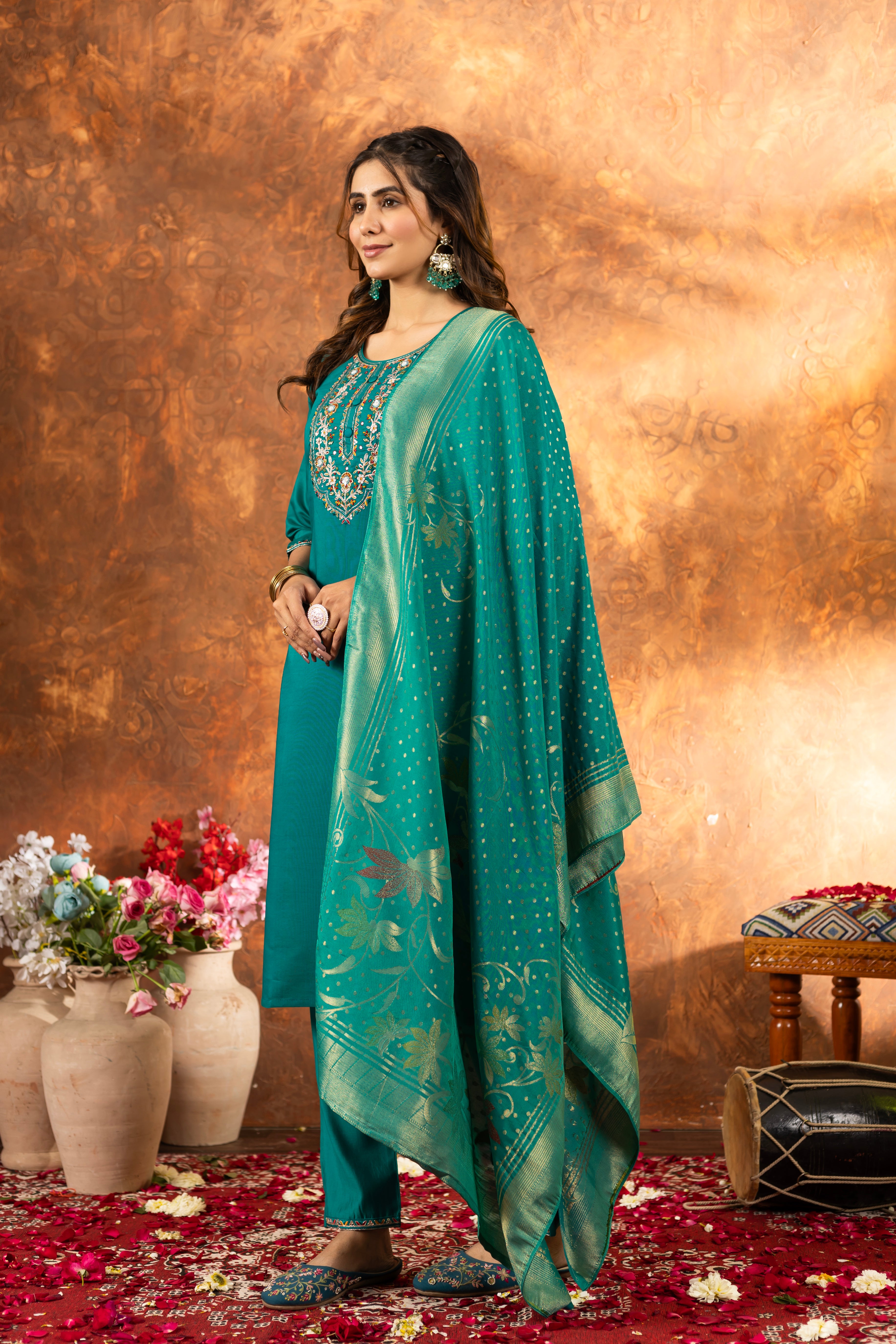 Marina Silk Embroidered Straight Kurti Set – Rama Green