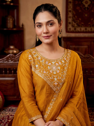 Vichitra Silk Embroidered Kurta Pant Dupatta Set – Gold