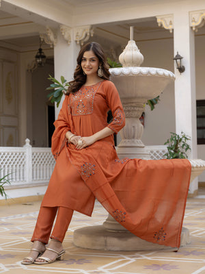 Pure Viscose Mango Silk Embroidered Straight Kurti Set – Rust