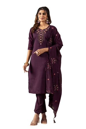 Roman Silk Embroidered Straight Kurti Set – Wine