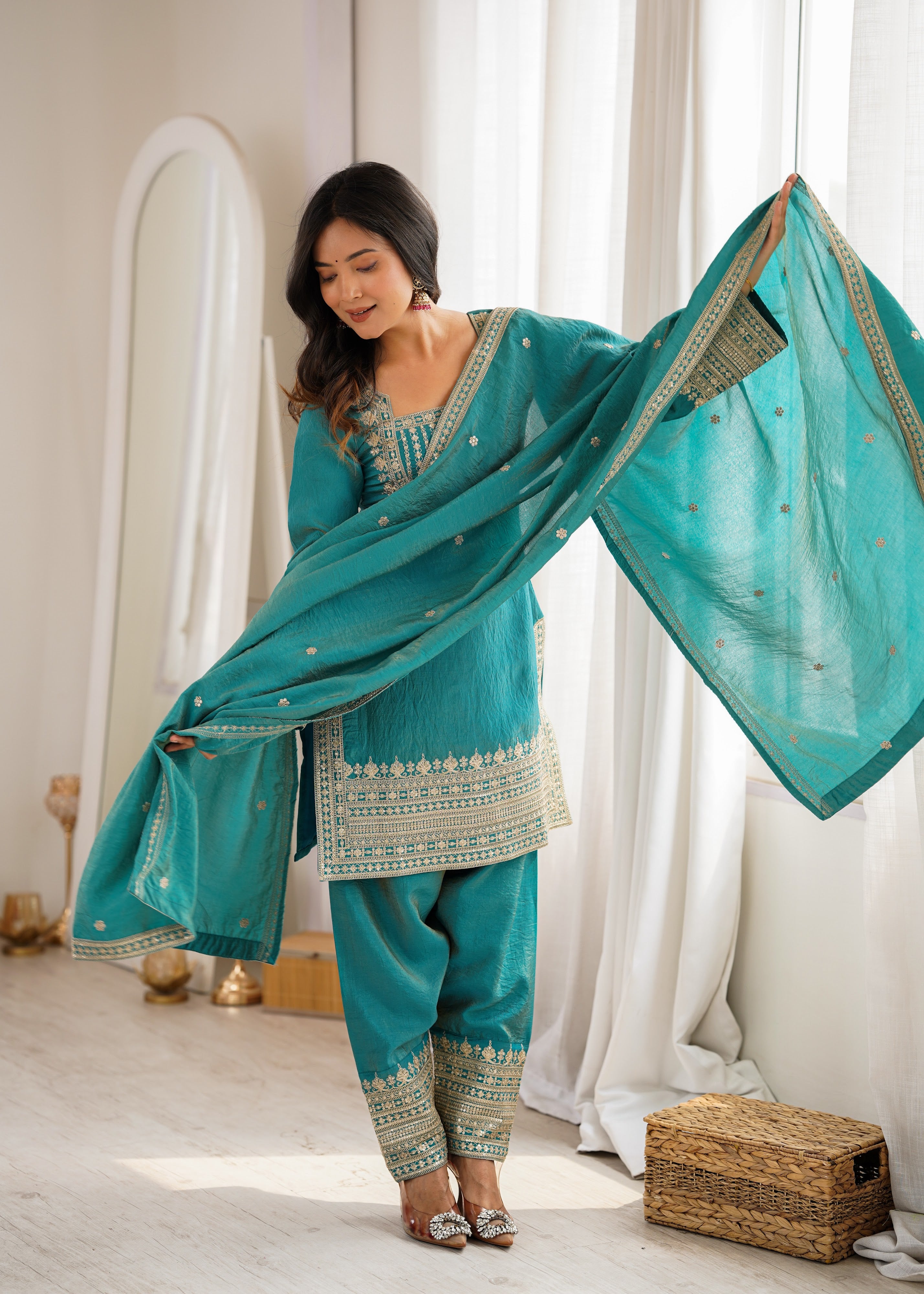 Vichitra Silk Embroidered Farshi Salwar Set – Sea Green