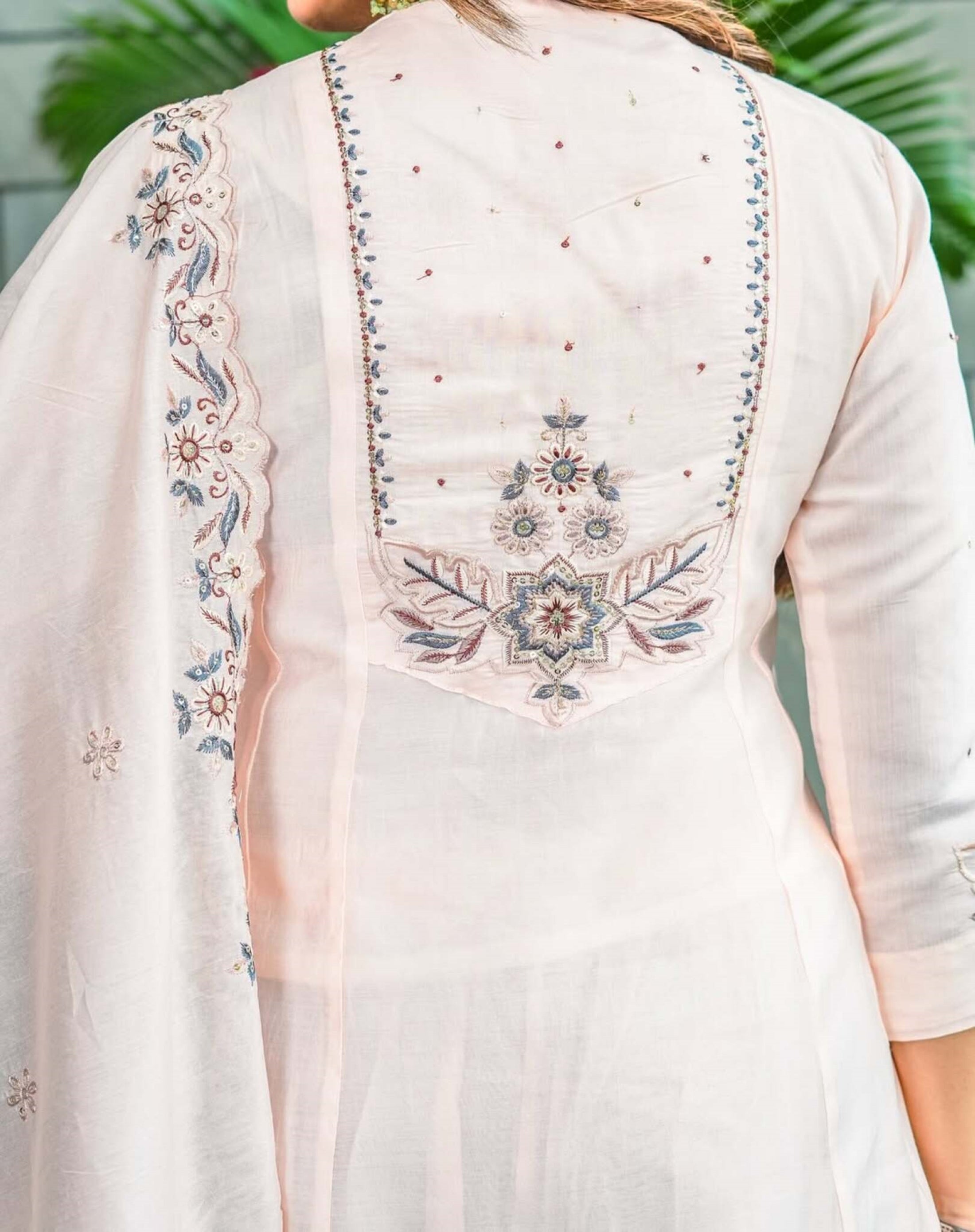 Muslin Cotton Embroidered Kurta Pant Dupatta Set – Ivory