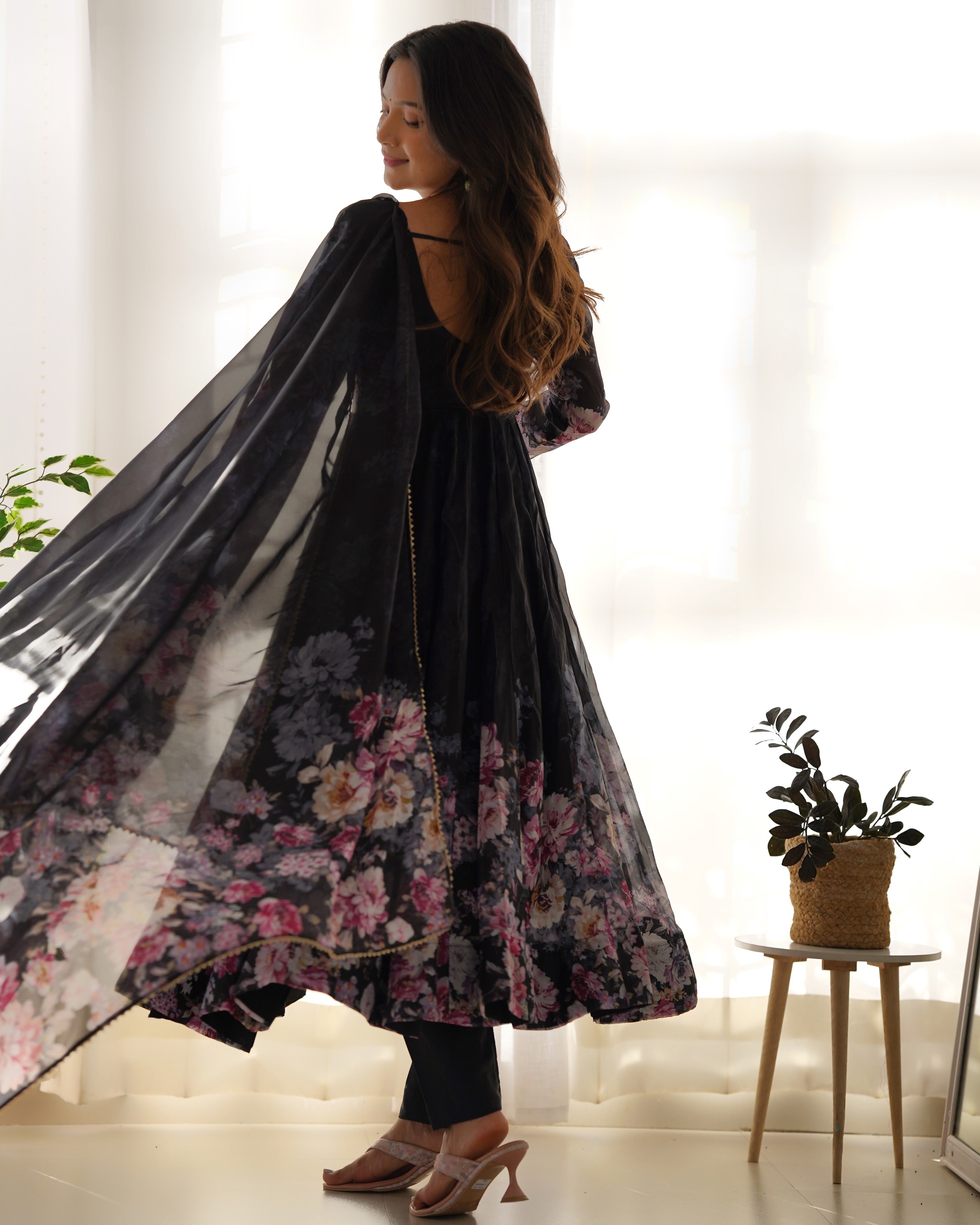 Organza Silk Printed Anarkali Set – Black