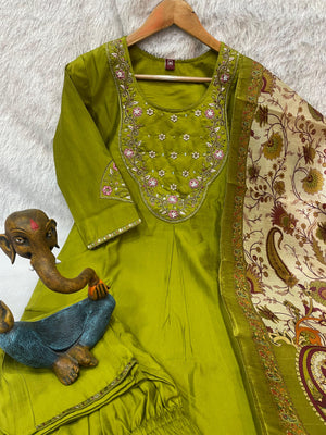 Premium Marina Silk Embroidered Straight Kurti Set – Parrot Green