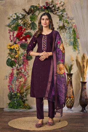 Roman Silk Embroidered Straight Kurti Set – Wine