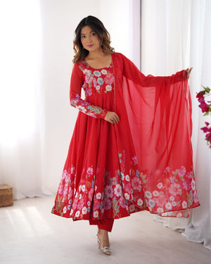 Organza Silk Printed Anarkali Set – Red