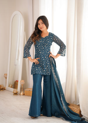 Crunchy Silk Embroidered Bell Bottom Set – Teal Blue