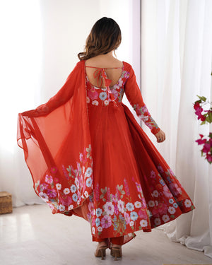 Organza Silk Printed Anarkali Set – Rust