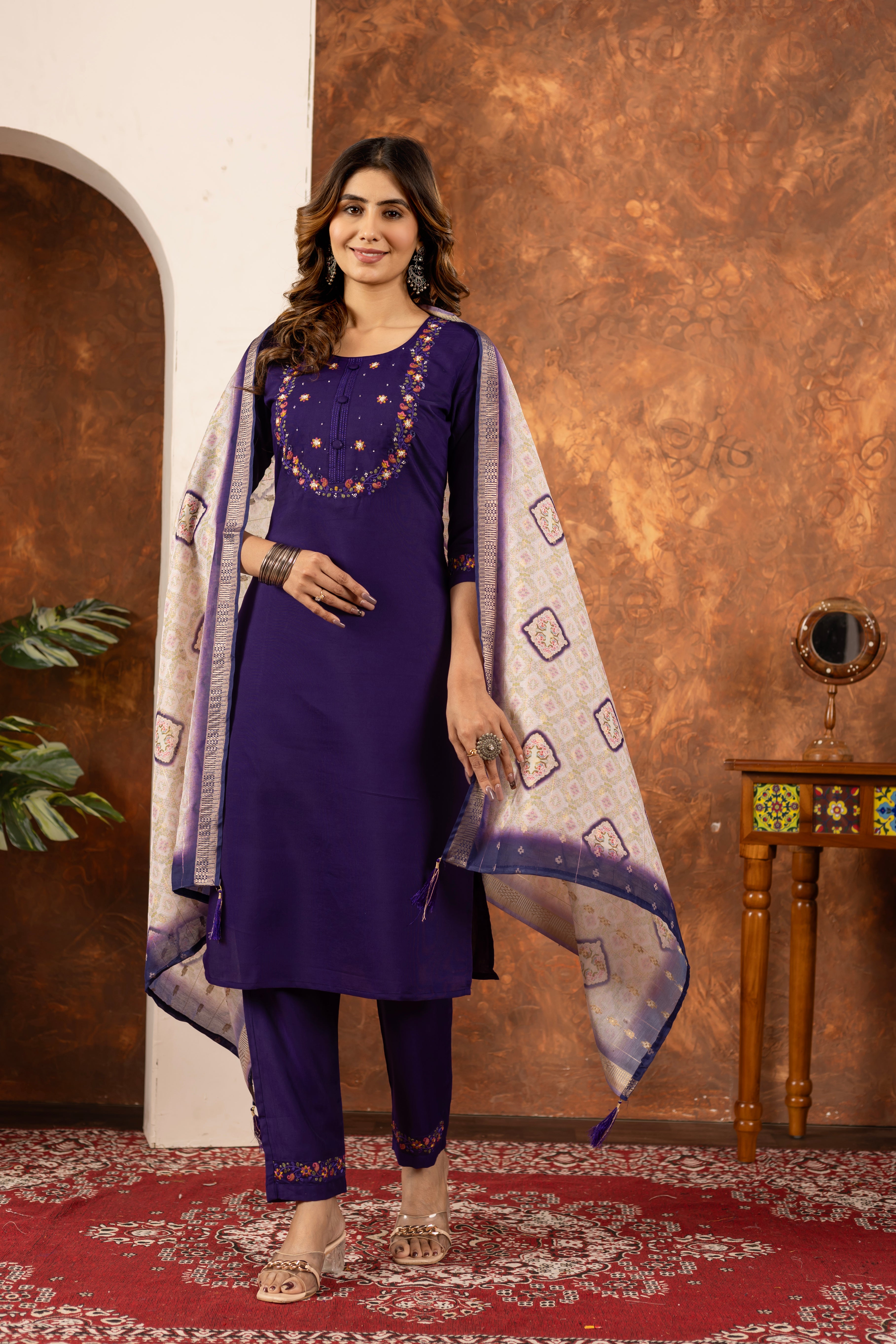 Marina Silk Embroidered Straight Kurti Set – Purple