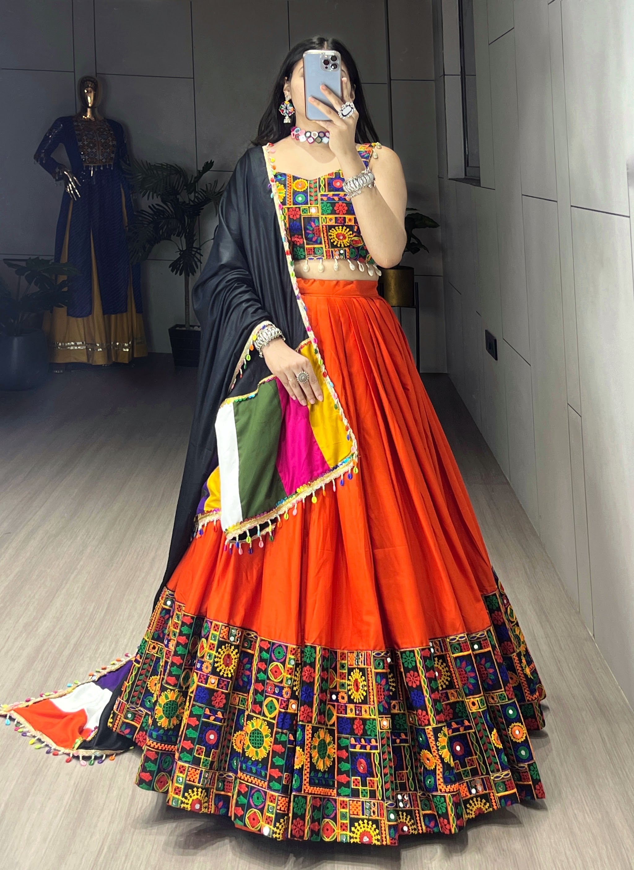 Navratri Orange Gamthi Mirror Work Lehenga Set