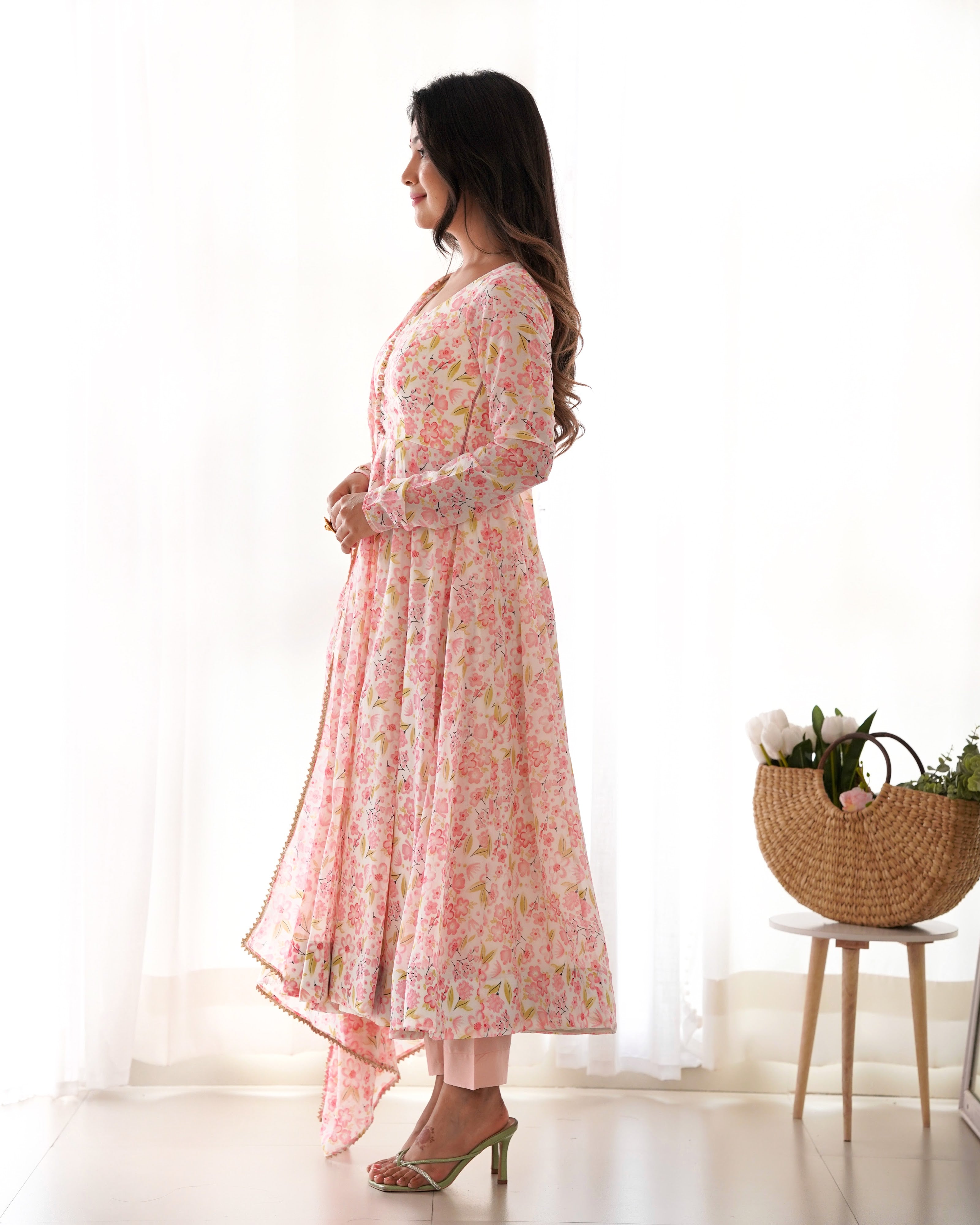 Heavy Orange Chiffon Floral Print Printed Anarkali Set – Pink Floral