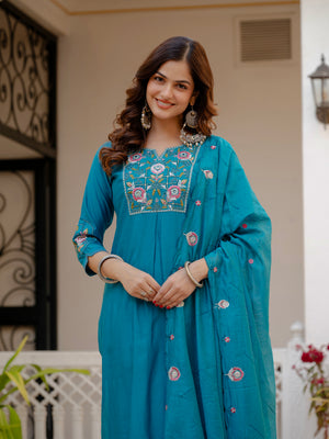 Pure Viscose Mango Silk Embroidered Straight Kurti Set – Firozi