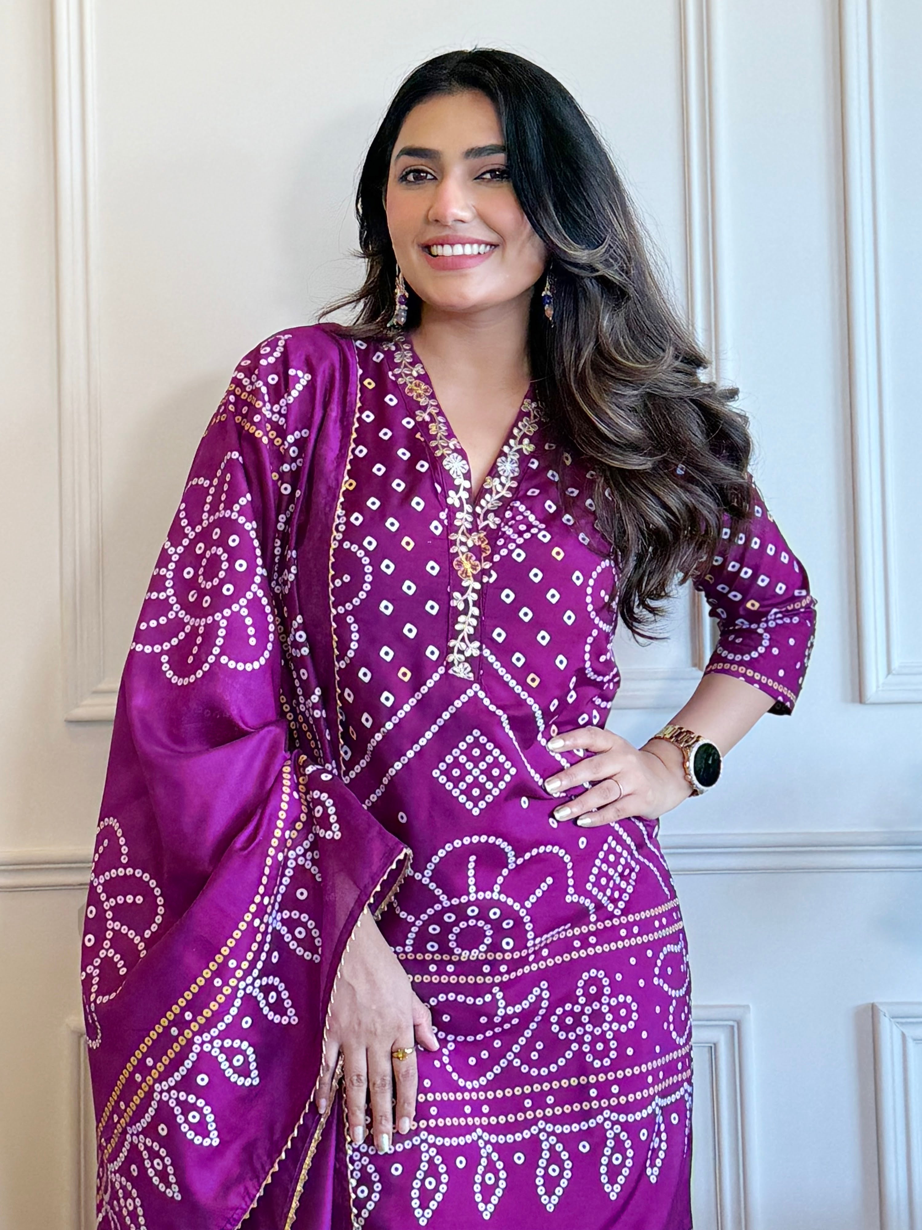 Viscose Embroidered Kurta Pant Dupatta Set – Purple