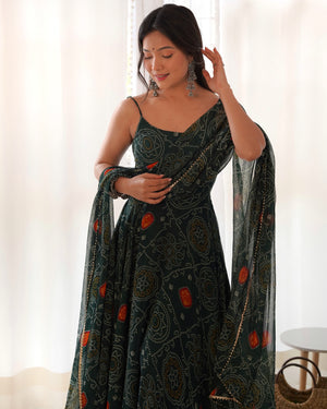 Soft Lightweight Chiffon Bandhej Embroidered Gown Set – Bottle Green