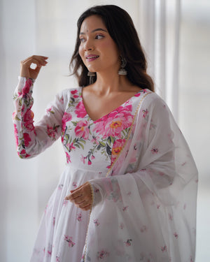 Organza Silk Printed Anarkali Set – Ivory Floral