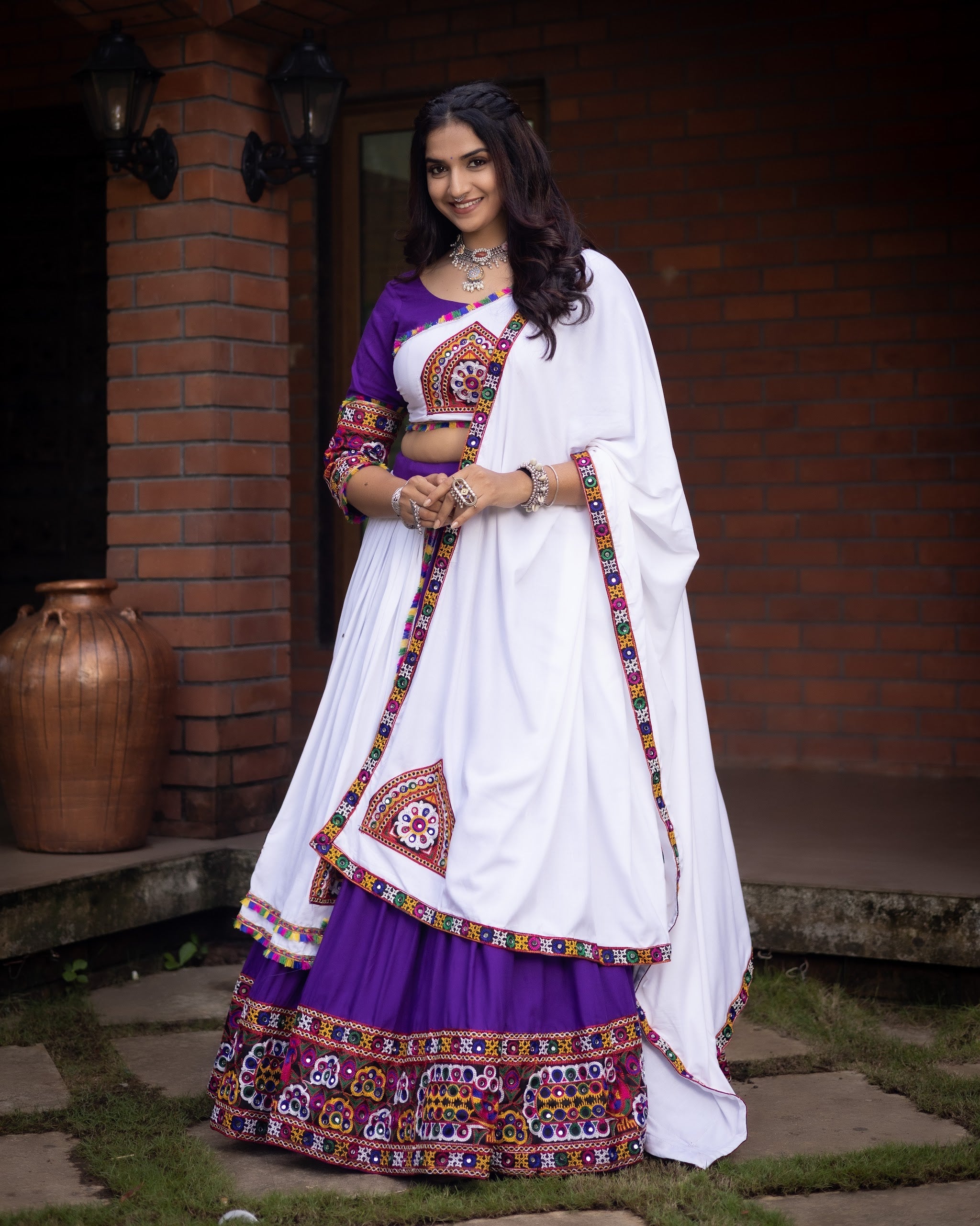 Navratri Purple White Arches Patch Work Lehenga Set