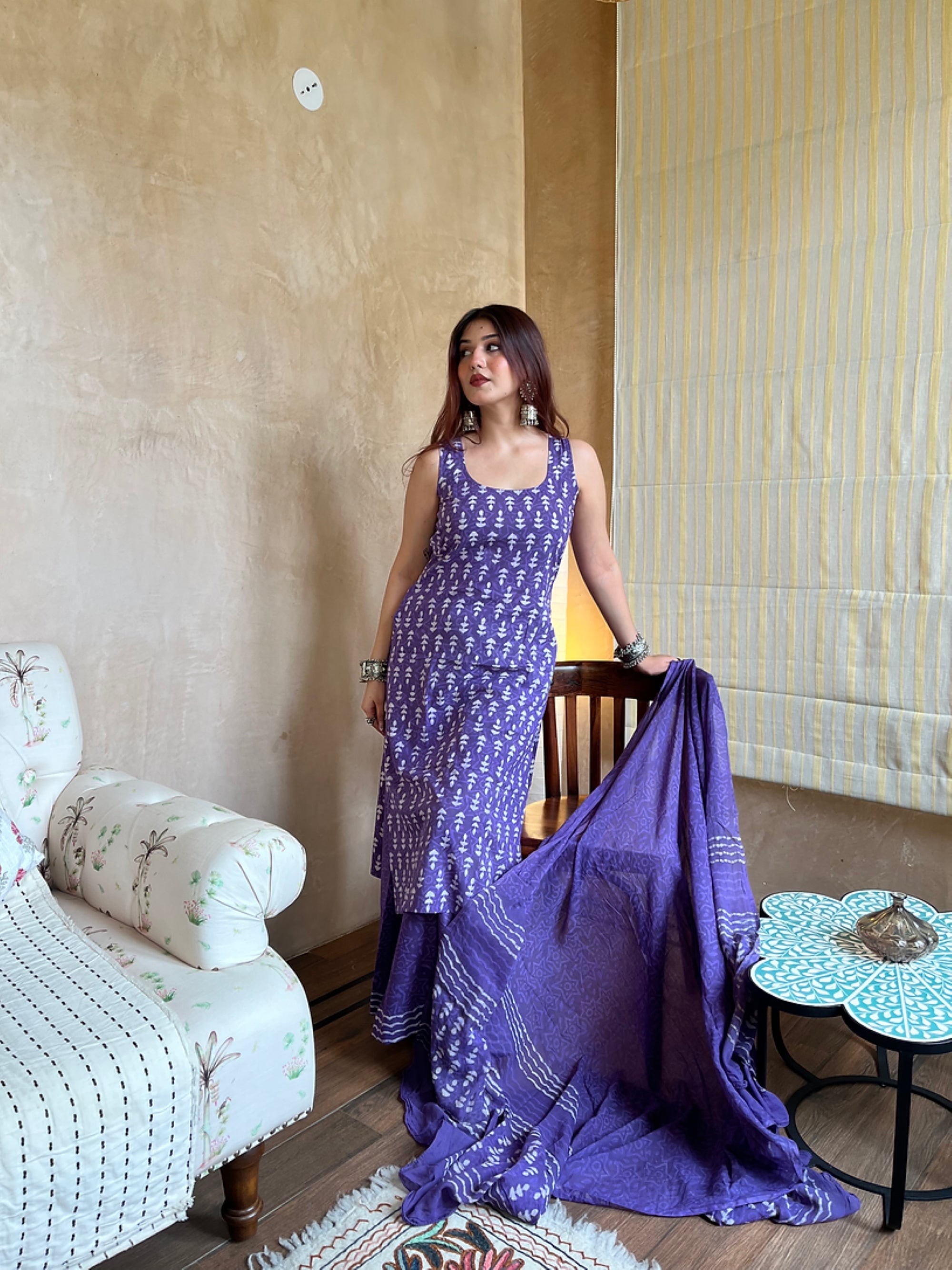 Rayon Slub Printed Kurta Pant Dupatta Set – Purple