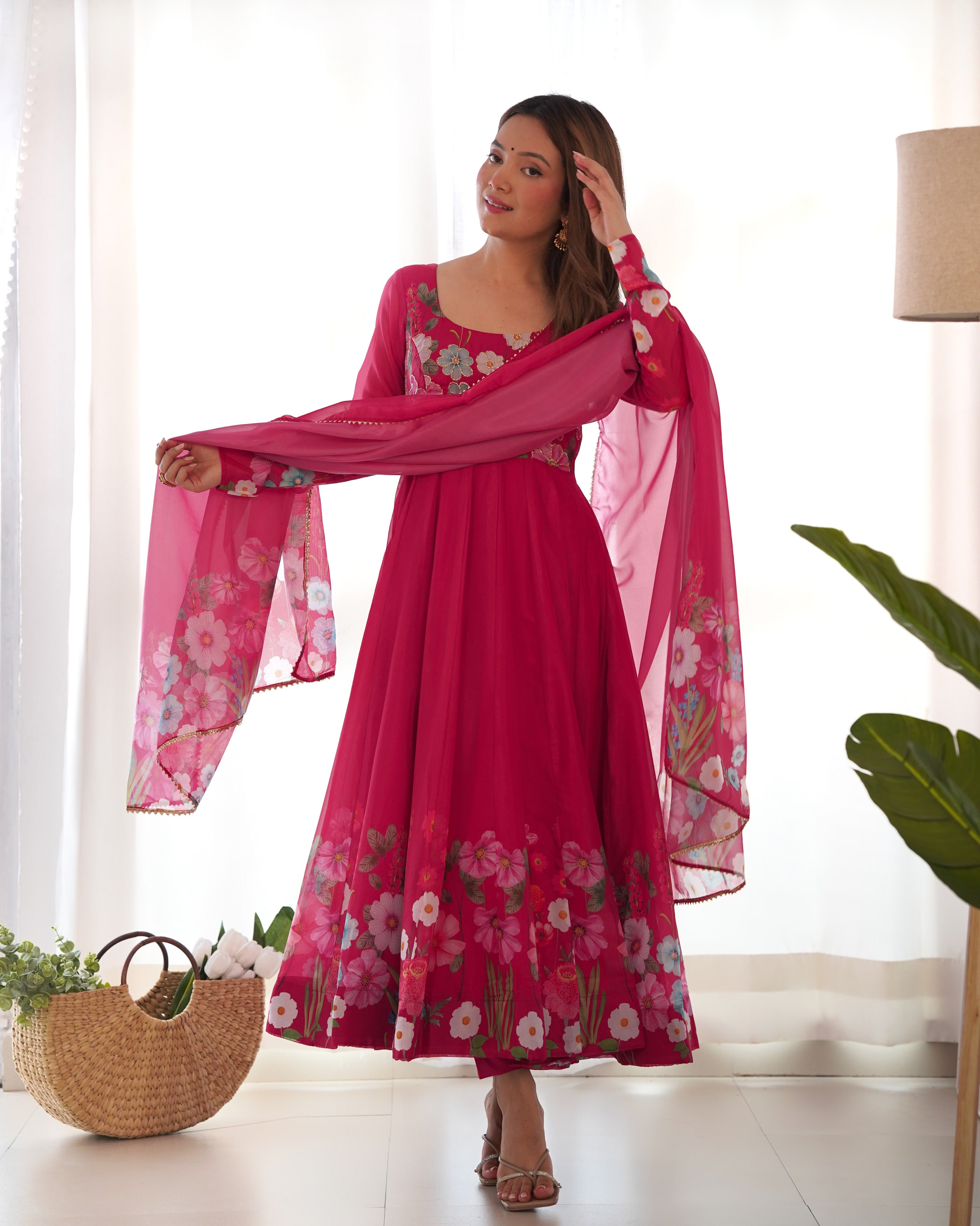 Organza Silk Printed Anarkali Set – Pink