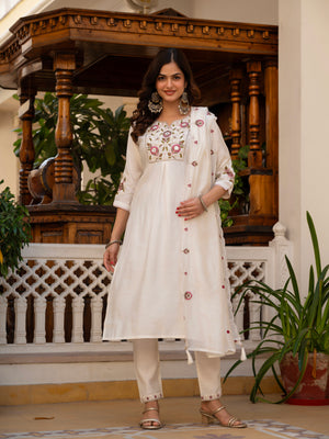 Pure Viscose Mango Silk Embroidered Straight Kurti Set – White