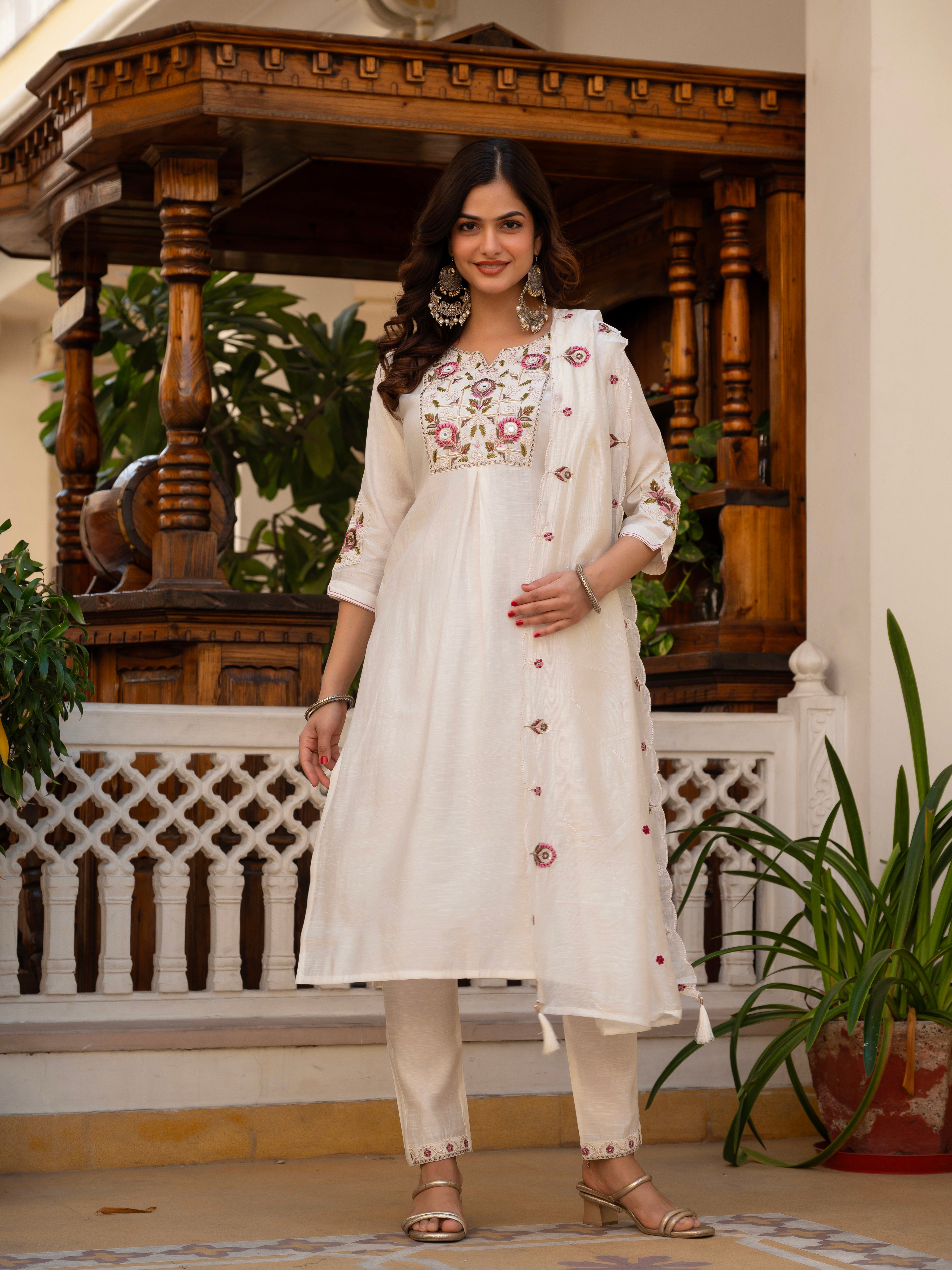 Pure Viscose Mango Silk Embroidered Straight Kurti Set – White