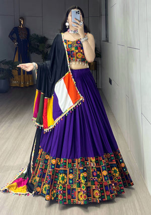 Navratri Purple Gamthi Mirror Work Lehenga Set