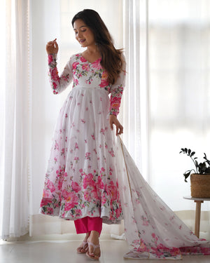 Organza Silk Printed Anarkali Set – Ivory Floral