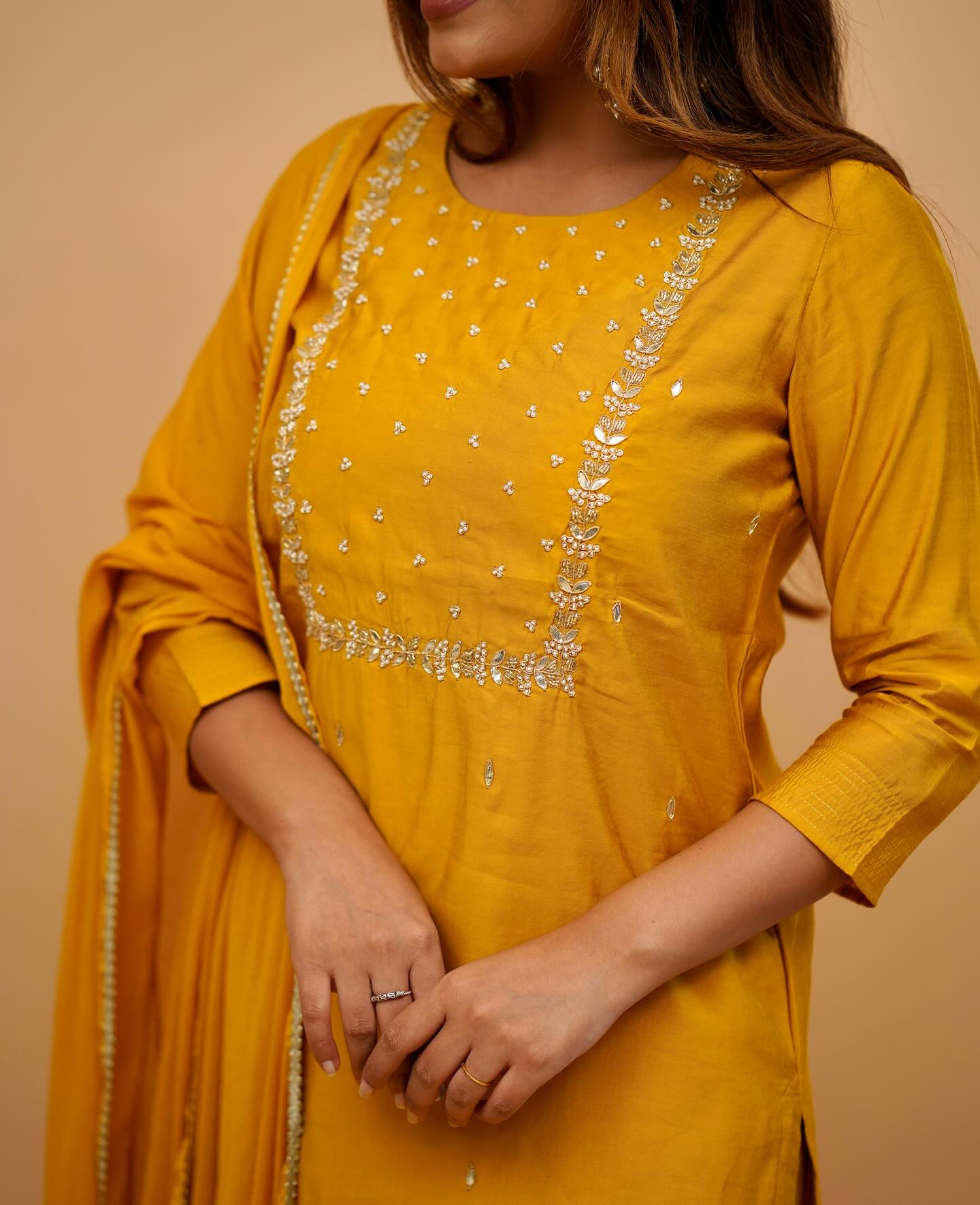 Rayon Slub Embroidered Kurta Pant Dupatta Set – Yellow