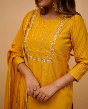 Rayon Slub Embroidered Kurta Pant Dupatta Set – Yellow