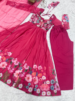Organza Silk Printed Anarkali Set – Pink